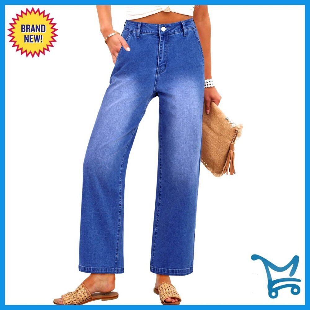 High Waist Straight Leg Jeans Stretchy Ankle Length Denim Pants Elegant Chic
